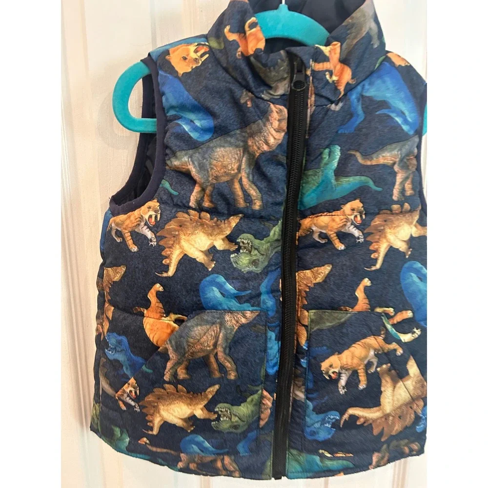 MoMoLand Puffer Vest Blue Dinosaur Tiger Print Zip Up Quilted Sleeveless Jacket‎
